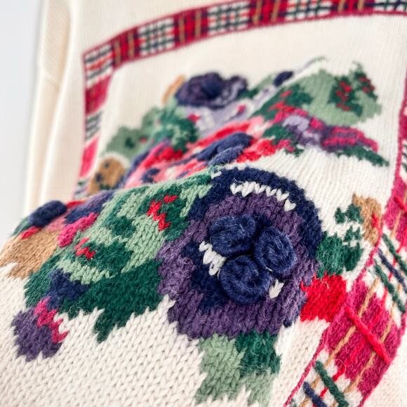 women's SM vintage floral intarsia mock neck sweater plaid off white pink purple - Picture 8 of 8